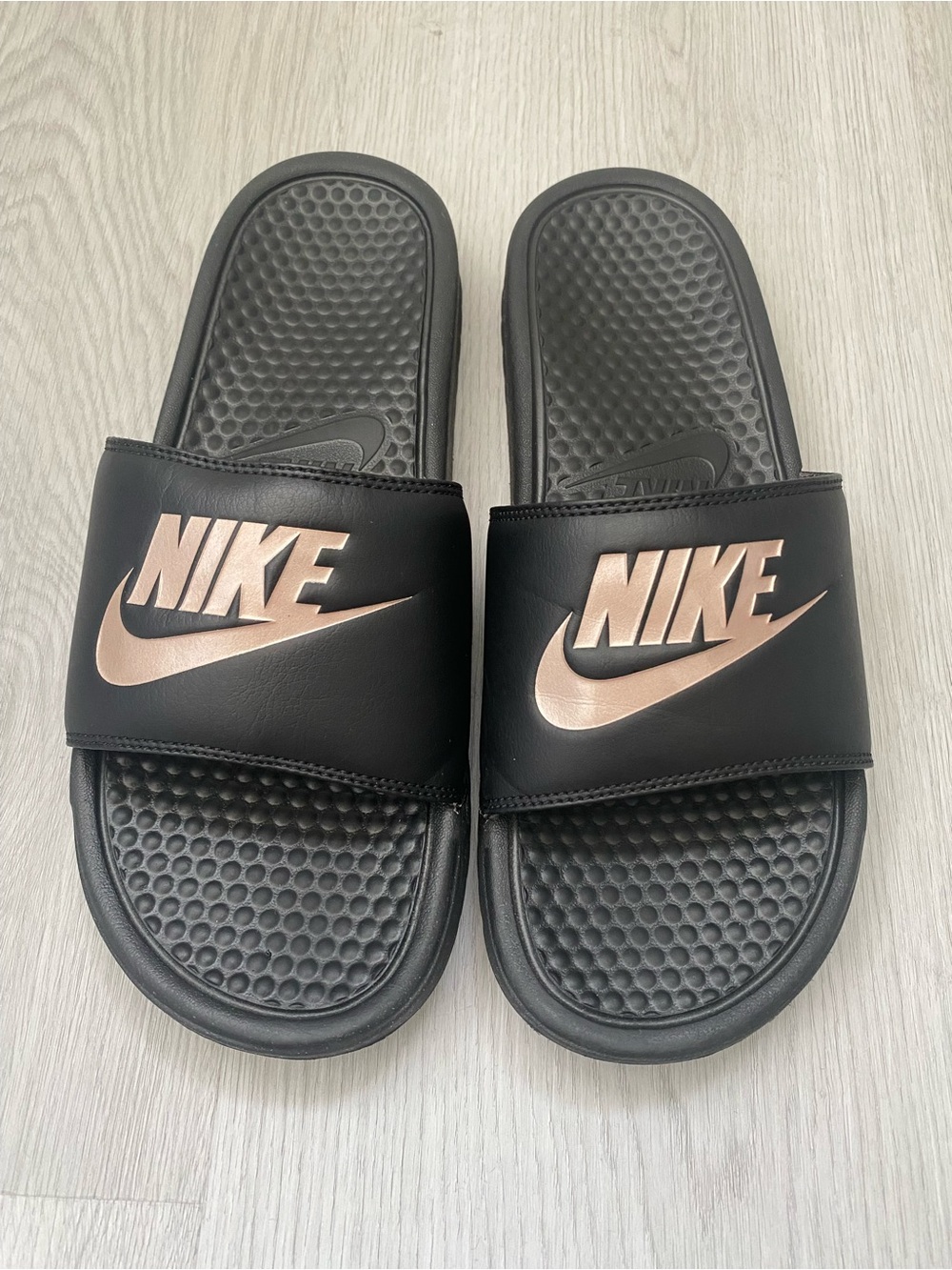 Nike Rose Gold And Black Slides Women’s Size 10